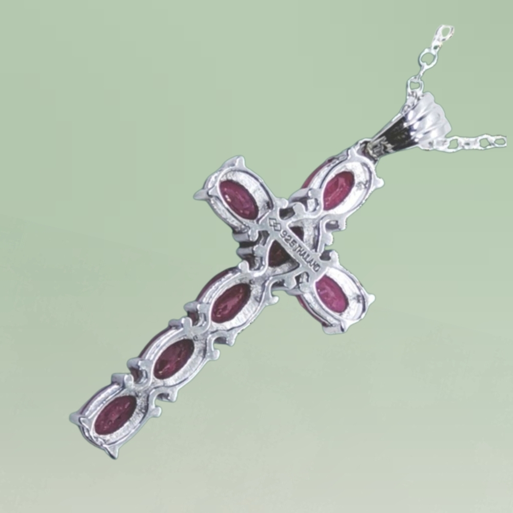 Sterling Silver Lab Grown Pink Sapphire Cross Pendant Necklace. NWOT - Picture 6 of 7